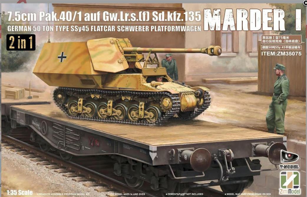 Zimi Models 1/35 ZM35075 Marder I 7.5cm Pak.40/1 auf Gw.Lr.s.(f) Sd.kfz.135 with German 50 Ton Type SSy45 Flatcar Schwerer Platformwagen 2 in 1 Kit