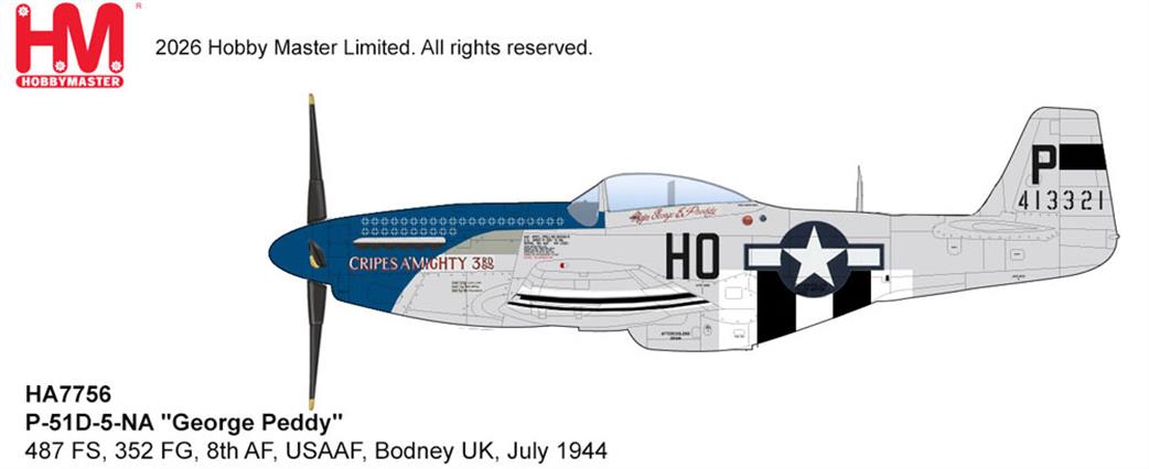 Hobby Master 1/48 HA7756 P-51D Mustang  George Peddy USAAF Bodney UK 1944 Fighter Model