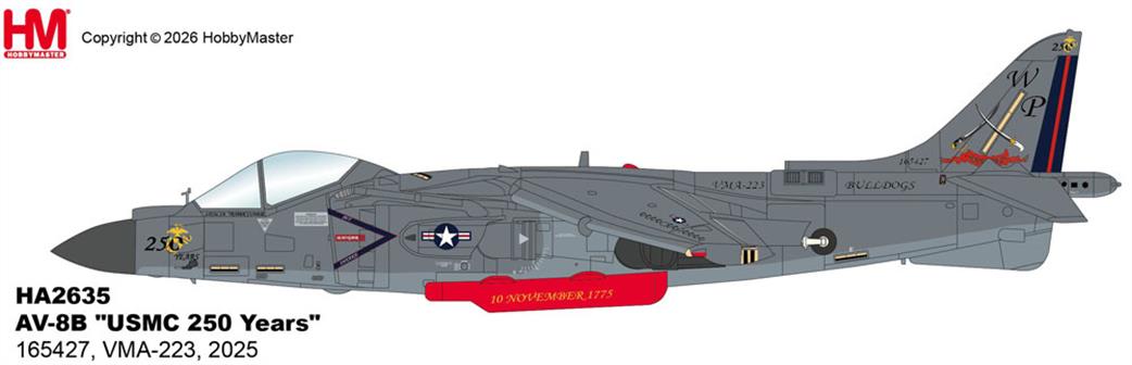 Hobby Master 1/72 HA2635 AV-8B USMC 250 Years 165427 VMA-223, 2025