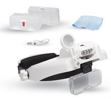 LC1769USB HEAD MAGNIFIER WITH LED LIGHTS • 5 lenses with bi-plate magnification and fixed front lens - 15 levels of magnification between 1.0x and 13.0x - Focal lengths from 35 – 350mm (1.5- 14”) • Comfortable cushioned headband with lightweight visor • Adjustable &amp; removable LED spotlight with two brightness levels • Built-in rechargeable battery