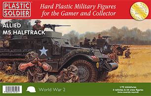 3 x 1/72nd M5 Halftracks with options to build either M5 or M5A1 versions with 8 British/Commonwealth crew figures per vehicle and extra stowage.