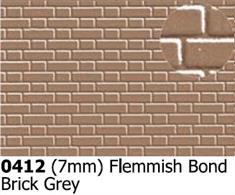 Embossed styrene plastic sheet with flemish bond brickwork scalled at 7mm to 1 foot for O gauge model railways.Suitable for 1/48 scale modelling.Single sheet approx 300mm x 174mm. 0.5mm thickness.
