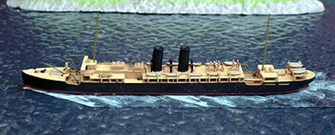 A 1/1250 scale metal, fully assembled and painted model of SS Arabia. P &amp; O's handsome two funnel Arabia was built at Greenock by Caird &amp; Co in 1898, especially for the route to India. The ship had a relatively short career, being sunk by torpedo in 1916.