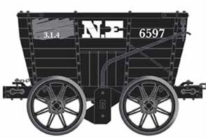 Pack of three North Eastern Railway P1 style chaldron wagons, circa 1890. Wagons numbered 6597, 2216 and 4563Chaldron wagons were among the first types of railway wagons used in Britain, a very basic wagon designed for conveying coal and mostly owned by the colliery owners. Although replaced in regular railway service around the end of the 19th century chaldron wagons were still used around collieries and coal loading docks into the 1950s.