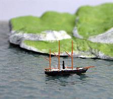 a 1/1250 scale waterline model of&nbsp;the first propeller driven gunboat in the world. Von der Tann was built at Kiel for the Duchies of Scheswig &amp; Holstien and fought in the first Scheswig War against Denmark with some success. In 1853, she was taken over by the Danish Navy and decommissioned and scrapped in 1862. Capable of 6kt under steam power, Von der Tann was armed with 2x 64 pdr guns and 3 smaller howitzers.&nbsp;