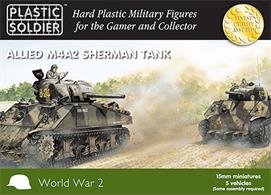 Easy Assembly plastic injection moulded 15mm&nbsp;Allied M4A2 Sherman&nbsp;tank. Five vehicles in the box and each sprue gives options to build either a&nbsp;75mm or 76mm&nbsp;version and comes with 2 commander figures - UK or US