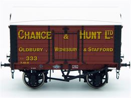 A new detailed model of a 9 plank sided covered salt van with peaked wood roof based on RCH 1887 design specifications finished as Chance &amp; Hunt van 332.These specialist covered wagons were included in the pooling of private owner goods wagons during WW2 so were still seen in their owners' liveries into the 1950s.