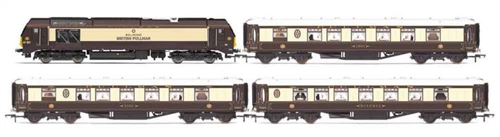 Belmond British Pullman train pack featuring DB Cargo UK, Class 67, Bo-Bo, 67021 with Pullman All-steel K type first class parlour cars Lucille and Zena and first class kitchen car Ione.