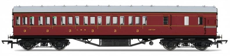 Pre-owned Hornby R4677A OO Gauge LMS 57ft Suburban Brake Third Class Coach LMS Crimson Livery in original packaging