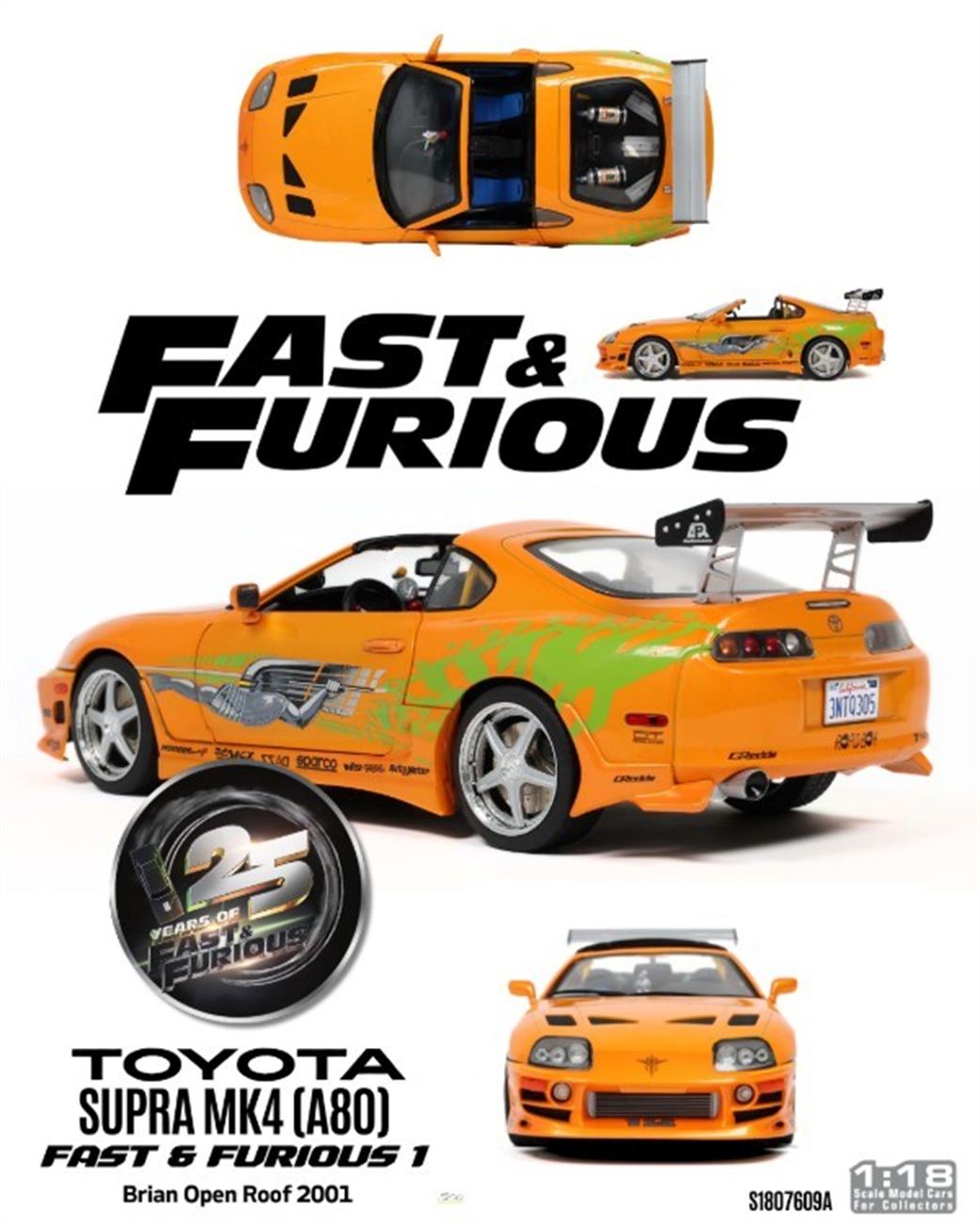 Solido 1/18 1807609A Toyota Supra MK4 A80 Fast and Furious 1 Brian Open Roof 2001 Diecast Model