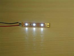 12-volt (DC) LED lighting strip with three surface-mount LEDs attached across a flexible copper track strip.Easy to fit inside model buidlings, model railway coaches and many other places where internal lighting is required.