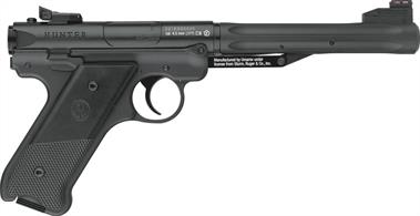 The Mark IV is a genuine replica of Ruger's .22 pistol of the same name. The high-quality metal system is adorned with the original markings and, together with the fiber optic front sight, gives it the authentic look that fans of the iconic rimfire pistol appreciate so much.Instead of a 10-round magazine, the spring-operated version relies on a classic single-shot break-barrel system. The textured polymer barrel sleeve ensures easy cocking, while the automatic safety locks the trigger. In terms of precision, the rifled barrel in combination with the height- and side-adjustable rear sight leaves nothing to be desired.SPECIFICATION:Calibre: .177Capacity: 1Colour: BlackLength: 274mmPlease note : Air guns can be purchased from our shops at Bristol, Gloucester and Stonehouse. Air guns cannot be purchased online.