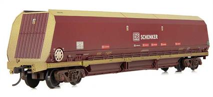 Model of the high capacity HTA type coal hopper wagons purchased by EWS for 'Merry Go Round' bulk coal service to power stations and steel industry plants, replacing the 4-wheeled HAA hoppers.This model is finished in EWS red livery with DB Schenker patch lettering and weathered finish.