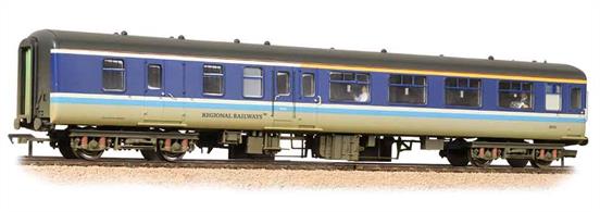 Bachmann's new mark 2 coaches feature neatly fitted flush glazing and many separately fitted underframe equipment units. The brake cylinders and push rods are also represented.The first class brake coaches retained the side corridor arrangement during the early phase of the Mk.2 design evolution. These coaches were often redeployed to regional services to replace life-expired Mk.1 stock, taking the place of both the BSK and CK coaches in the train formations.This model carries the Regional Railways livery, most commonly seen on the busy Trans-Pennine services in the late 1980's and early 1990's.