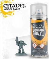 Mechanicus Standard Grey is designed for basecoating all Citadel miniatures. When sprayed over an undercoat, it's a fast way to get a uniform base of colour onto your models.The colour in this spray is exactly the same as Citadel Base: Mechanicus Standard Grey, so if any part of the model gets missed when spraying, a quick tidy up with the equivalent paint will provide a complete basecoat.This can contains 400ml of Mechanicus Standard Grey Spray.