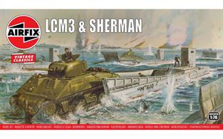 Airfix 1/72 US LCM Mk3 Landing Craft Kit with Sherman MK1 kit A03301Number of Parts 108    Length 194/55mm    Width 53/75mm