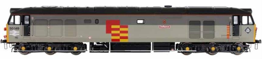 A highly detailed model of the BR class 50 locomotives featuring a die-cast chassis, detailed body with etched grilles and separately fitted handrails. Drive is supplied by a centrally mounted 5 pole motor and flywheel mechanism driving all six axles. Fitted with directional lighting and etched plates for named locomotives.Model finished as 50149 in Railfreight triple grey livery, as carried wile being trialled on china clay freight services and in preservation.DCC Ready. Next 18 decoder required for DCC operation.Expected March 2022