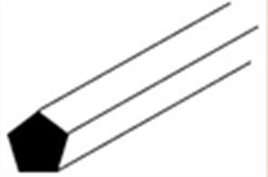 1.5mm diameter pentagonal section rod.Pack of 10 pieces 255mm long.Cut into short lengths and use for bolt heads in all forms of steel assembly, including bridges, vehicles, etc. Also good for steel and wood column members in all forms of commercial and residential structures. Precision Extruded in White Styrene Plastic. Ideal for all facets of scratch model building. &nbsp;