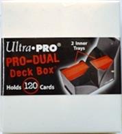 White dual deck box for holding up to 120 standard sized gaming cards in deck protectors.