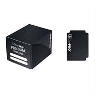 Black dual deck box for holding up to 120 standard sized gaming cards in deck protectors.