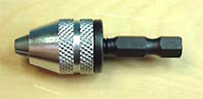 Mini chuck for drill sizes from 0.3mm to 2.5mm. Chuck is mounted onto a hex-drive fitting allowing for use with cordless screwdrivers and larger drilling machines. Chuck width 17.2mm, overall length including shaft 51.5mm