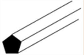 1.3mm diameter pentagonal section rod.Pack of 10 pieces each&nbsp;250mm long.Cut into short lengths and use for bolt heads in all forms of steel assembly, including bridges, vehicles, etc. Also good for steel and wood column members in all forms of commercial and residential structures. Precision Extruded in White Styrene Plastic. Ideal for all facets of scratch model building.