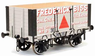 Highly detailed model of the first RCH standard design 7 plank open mineral wagon finished as Frederick Biss' wagon number 3. Mr Biss ran his business from the large GWR yard at Stoke Gifford, now the site of Bristol Parkway railway station, and the nearby station of Patchway.
