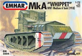 Emhar EM5004 1/72 Scale British Whippet MkA Medium A Tank - WWIComprehensive assembly instructions and decals are included.Glue and paints are required 
