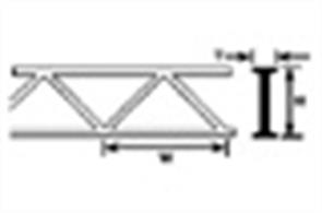 4.8mm depth open lattice web truss&nbsp;girder section. Truss depth 4.8mm (3/16in) flange thickness 2.4mm (3/32in), lattice&nbsp;diagonal spacing 6.4mm (1/4in).Pack of 2 lengths, each 150mm (6in) long.Lattice trusses offer a small reduction in load capacity at much lower weight than&nbsp;similar sized solid girders. Lattice girders are often used for lightly loaded structures, like large span roofs of factorys and supermarkets, or where wind resistance may be an issue such as very tall lighting poles.The ready to use Plastruct lattice makes it easy to model open lattice structures and fit model&nbsp;light-duty&nbsp;structures&nbsp;like footbridges, pipe bridges and catwalks.