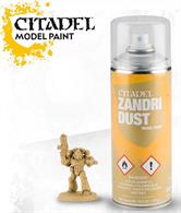 Zandri Dust Spray is designed for basecoating all Citadel miniatures. When sprayed over an undercoat, it's a fast way to get a uniform base of colour onto your models.The colour in this spray is exactly the same as Citadel Base: Zandri Dust, so if any part of the model gets missed when spraying, a quick tidy up with the equivalent paint will provide a complete basecoat.This can contains 400ml of Zandri Dust Spray.