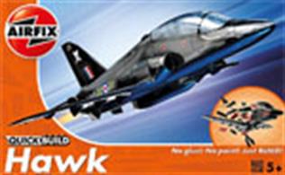 Airfix Quickbuild BAE Hawk Black Clip together Block Model J6003The BAe Hawk is a superior jet trainer aircraft! This will be a striking addition to your collection. The model sports an all-black exterior and you can add RAF symbol stickers once assembled. This model has a total of 26 parts with 3 additional parts for the stand. The height of the model when placed on the stand is 123 mm.