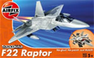 Airfix Quickbuild F22 Raptor Clip together Block Model J6005The F22 Raptor is a superior fighter aeroplane! With trapezoid shaped wings, this plane is able to maintain control even at supersonic speeds. Add this outstanding aircraft to your collection today and glide your raptor model through the air. This model has a total of 24 parts with 3 additional parts for the stand. The height of the model when placed on the stand is 108 mm.