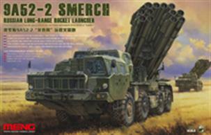 Meng SS-009, 1/35 Scale Russian Long Range Rocket Launcher 9A52-2 SmerechDimensions - Length 351mm Width 88mm.The modelhas a movable suspension system. Two pairs of front wheels are steerable. Complete engine and transmission subassemblies are included. All hatch doors and windows can be built open or closed. The launch tubes can be elevated and rotated as on the real vehicle. Precision photo etched parts, vinyl parts and mirror film are included.Adhesive and paints are required to complete the model (not included).