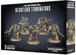 This multi-part plastic kit contains the components necessary to assemble a unit of 5 Blightlord Terminators.  The Blightlord Terminators come as 64 components, and are supplied with 5 Citadel 40mm Round bases.