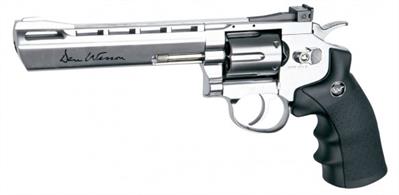 Impressive and elegant. This powerful 6” Chrome revolver licensed by Dan Wesson draws attention and packs a big punch. It is one of a new generation of Dan Wesson airguns with a rifled inner barrel allowing the use of pellets; this improves both range and precision. It has authentic markings and an individual serial number stamped into the frame.