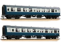 Detailed model of the British Railways mark 1 TSO second class open plan seating coach number M5045 equipped with Commonwealth bogies and finished in blue and grey livery.