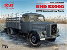 ICM 35451 1/35 Scale KHD S3000 WW2 German Army TruckA well detailed model of the KHD (Klockner Humboldt Deutz) S3000 truck used by the German Military during WW2. The kit comes with detailed assembly instructionsAdhesive and paints are required 