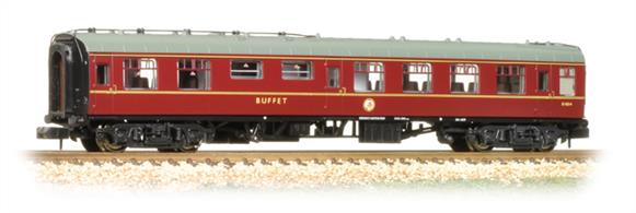 The miniature buffet car had a small buffet counter taking up 2 or 3 seating bays in the central portion of the coach. The buffet could supply hot drinks, soft drinks, snaks and pre-packed food items. The cars were used on many secondary services,&nbsp;where passenger demand did not justify the provision of a dedicated restaurant car.This model is painted in the maroon livery of the late 1950s and early 1960s.
