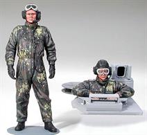 Introducing 1 full-body and 1 half-body modern German tank crewman figure to the popular World Figure Series. The half-body figure has been specially designed to be used with the R/C Leopard 2A6 Battle Tank. Figures represent modern German tank crewmen wearing overalls and padded protective headgear. Lens of goggles have been reproduced using transparent plastic parts. Microphone headset and decals for epaulet markings are included. Overall height is 116mm.