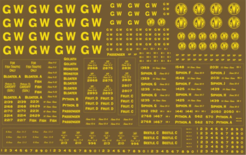 Modelmaster Decals OO GW302 GWR Yellow Coach and Wagon Lettering for Brown Vehicles