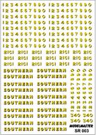 Modelmaster Decals MMSR003 00 Gauge Southern Railway Loco Lettering Bulleid Era Black LiveriesS.R. 1940-1947 Comprehensive sheet of Yellow &amp; Green Transfers for BLACK Southern Railway Bulleid LocomotivesS.R. 1940-1947 Comprehensive sheet of Yellow &amp; Green Transfers for BLACK Southern Railway Bulleid Locomotives. There are enough 'SOUTHERN' names to letter no less than ten locomotives. The sheet includes not only a good supply of digits 0 - 9, but Cs for Bulleid 0-6-0s, all with matching Buffer Beam Numbers. 