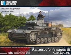 Detailed model kit for the German SdKfz266-268 series Panzerbefehlswagen Panzer III command tank with options to build Ausf E, H, J or L variants.Optional parts are supplied to model open or closed hatches and tank crew figures are included.