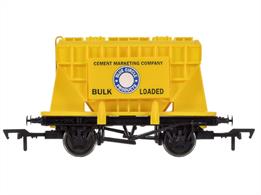 Model of a BR Presflo bulk cement wagon operated by the Cement Marketing Company in bright yellow livery and carrying the company's well-known Blue Circle Cement branding.