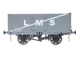 Model of a standard RCH 1923 type 7 plank open coal wagon in service with the LMS.The wagon has the diagonal stripe applied by the LMS to designate wagons equipped with end doors, the upper end of the stripe pointing to the end with the door.