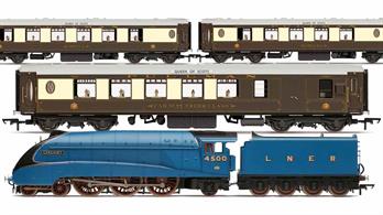 Limited edition of 1000The ‘Queen of Scots’ service commenced in 1928, but its development can be traced back to Grouping, in 1923, when the fledgling LNER acquired a number of Great Eastern Pullmans. Instead of allocating them on a piecemeal basis, as the GER had done, the LNER’s management decided to open up a new luxury service to Newcastle, via Leeds and Harrogate.The Harrogate Pullman was a success and the route was extended to Edinburgh, running non-stop from Kings Cross to Harrogate from the autumn of 1925. From May 1, 1928, when two new 8 car, all-steel Pullman K type sets were introduced for a route extension to Glasgow and the ‘Queen of Scots’ service commencedHauled initially by the Ivatt Atlantics, by 1935 the 400 ton, ten car train necessitated the use of A1, A3 and A4 locomotives and even Gresley’s W1 design was allocated at times. At Leeds, two cars were detached from the service, leaving eight to continue on the journey.This train pack recreates the service in the second half of the 1930s, with Gresley ‘A4’ 4-6-2 4500 Garganey in LNER garter blue, which will be accompanied by all-steel K-Type Brake Third 'No. 77', Kitchen First 'Thelma' and Parlour First 'Sheila'. Roofboards will be fitted to each carriage and a headboard for the ‘A4’ will be included as a separate fitting to complete the model.