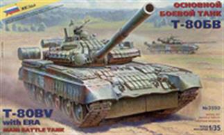 Zvezda's 3592 1/35th Scale Russian T-80V Main Battle Tank with Reactive Armour.Dimensions - Length 290mmThe upper hull of the tank is moulded in one piece and is highly detailed. The lower hull is also a one piece moulding. Decals and illustrated instructions are also supploed.Glue and paints are required 