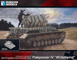 Model kit of the Wirblewind Flakpanzer self-propelled anti-aircraft gun, comprising a 4-barrel quad Flak 38 20mm mounting on a Panzer IV chassis. The kit includes a choice of 2 barrel types and two fixed elevation poses for the weapons.