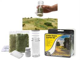 Includes everything you need to learn how to use Static Grass. The included Shaker Applicator works well for small projects and the easy-to-follow instructions teach you the basic steps for application. Combine Static Grass with other Woodland Scenics products to enhance your layout.Shaker Applicator - 8 oz (226 g)Shaker Applicator LidSmall SieveLarge SieveThatch Comb7 mm Light Green Static Grass - 17 g (0.59 oz)4 mm Medium Green Static Grass - 18 g (0.63 oz)Static-Tac® - 1 oz (29.5 mL)