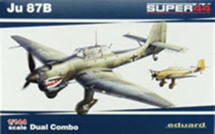 Scale plastic kit Ju 87B Dual Combo in 1/144 scale. German WWII dive bomber. plastic parts: EduardNo. of decal options: 3Decals: EduardPE parts: yespainting mask: noResin parts: noThis kit is Dual Combo - i.e. two sets of the parts in one box.