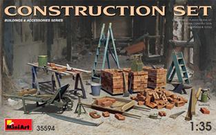 Kit contains models of: ladders, table, buckets, bricks, cart, anvil, beams, jack stand and tools